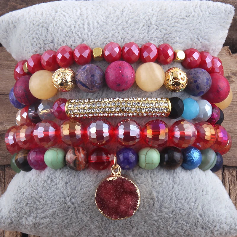 Fashion Beaded Boho Bracelet 5pc Green Natural Stone /Glass Stack Bracelet Sets For Women Boho Jewelry Gift - Charlie Dolly