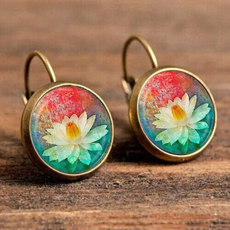 Vintage Flower Pattern Round Drop Earrings, Bohemian Boho Jewelry