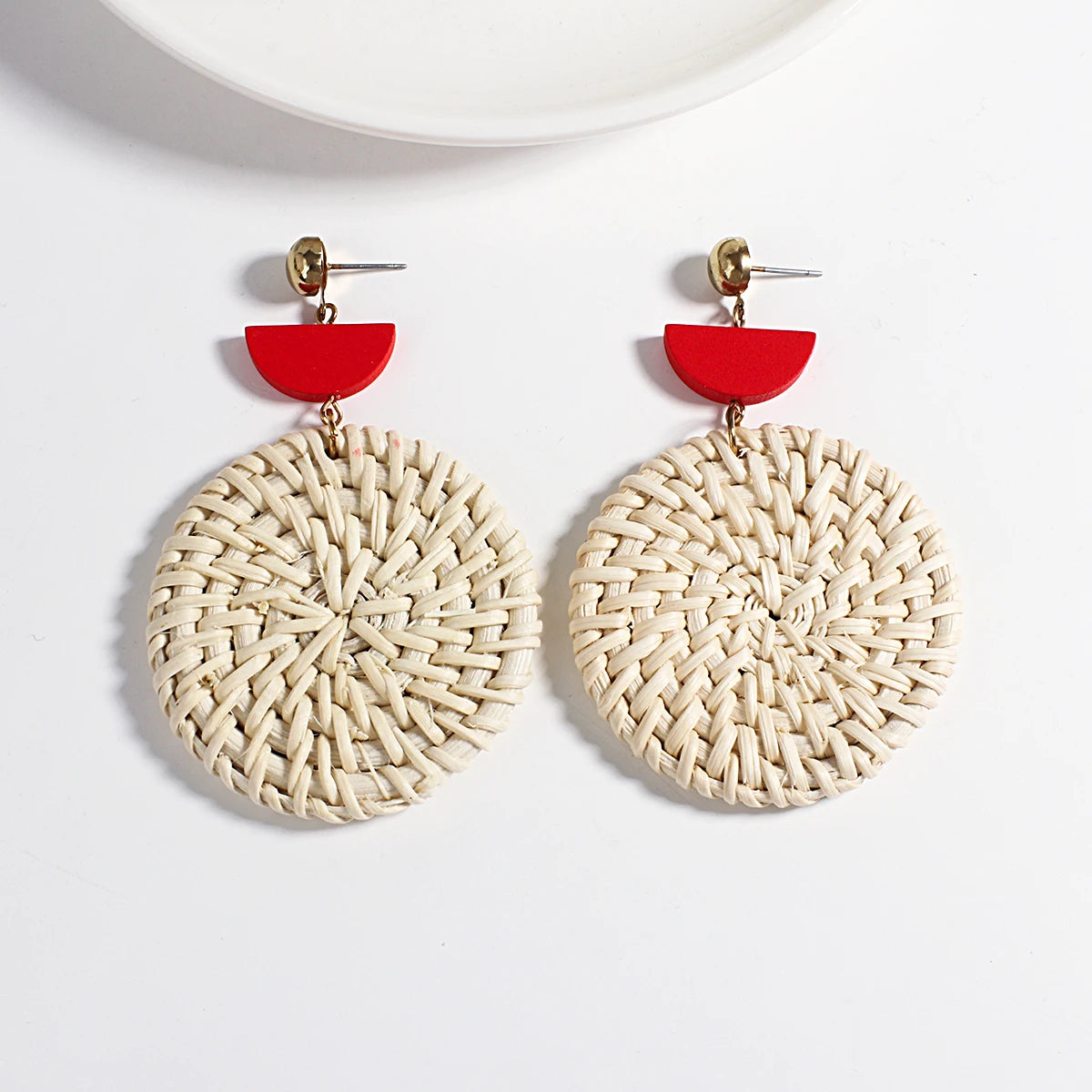 Wooden Rattan Braid Geometric Drop Earrings Jewelry