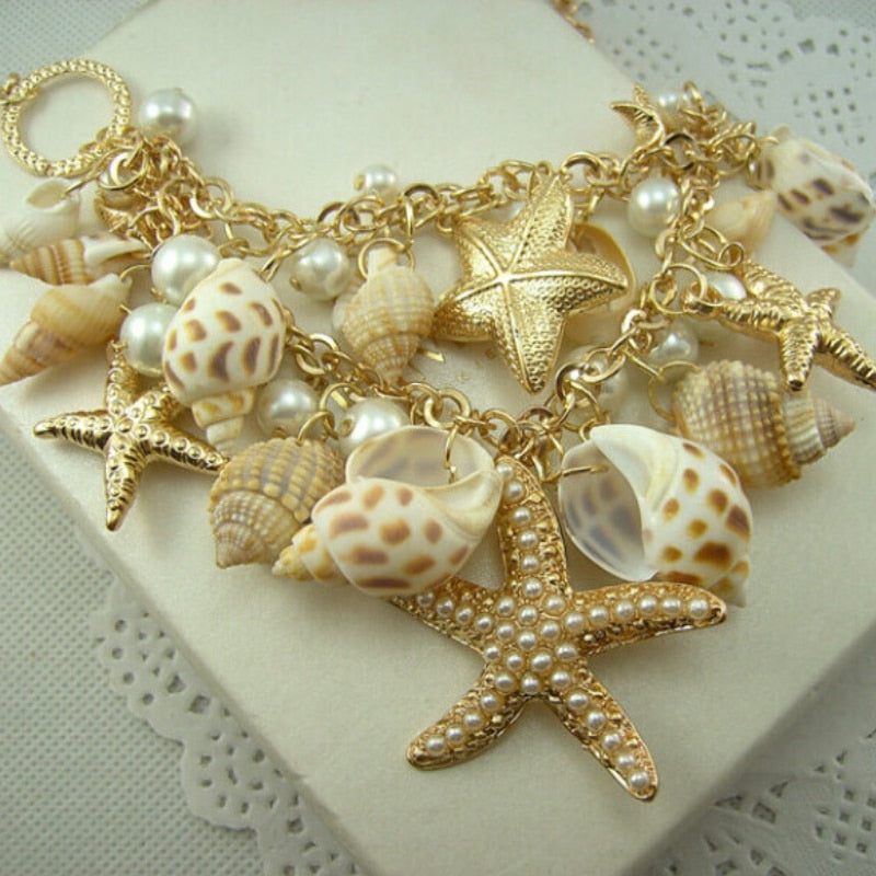 Conch Shell Starfish Simulated Pearl Necklace Sweet Fashion Sea Star Starfish Plated Multitiered Necklaces & Pendants For Women