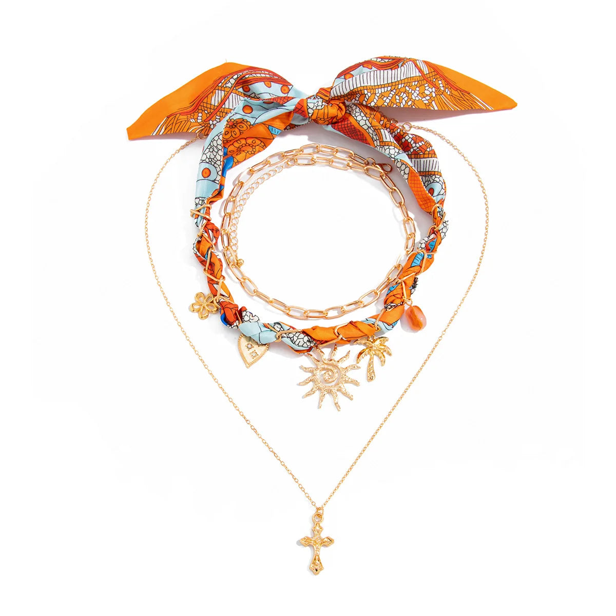 Cross Sun Coconut Tree Layered Necklace Jewelry