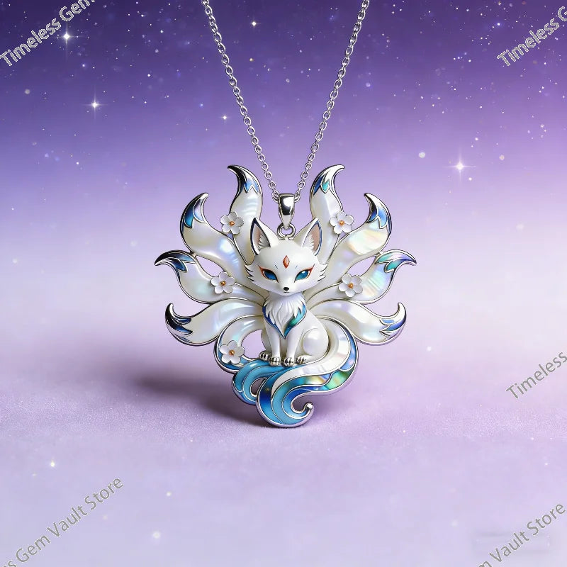 Nine-Tailed Fox Enamel Pendant Necklace, Kitsune Spirit Talisman