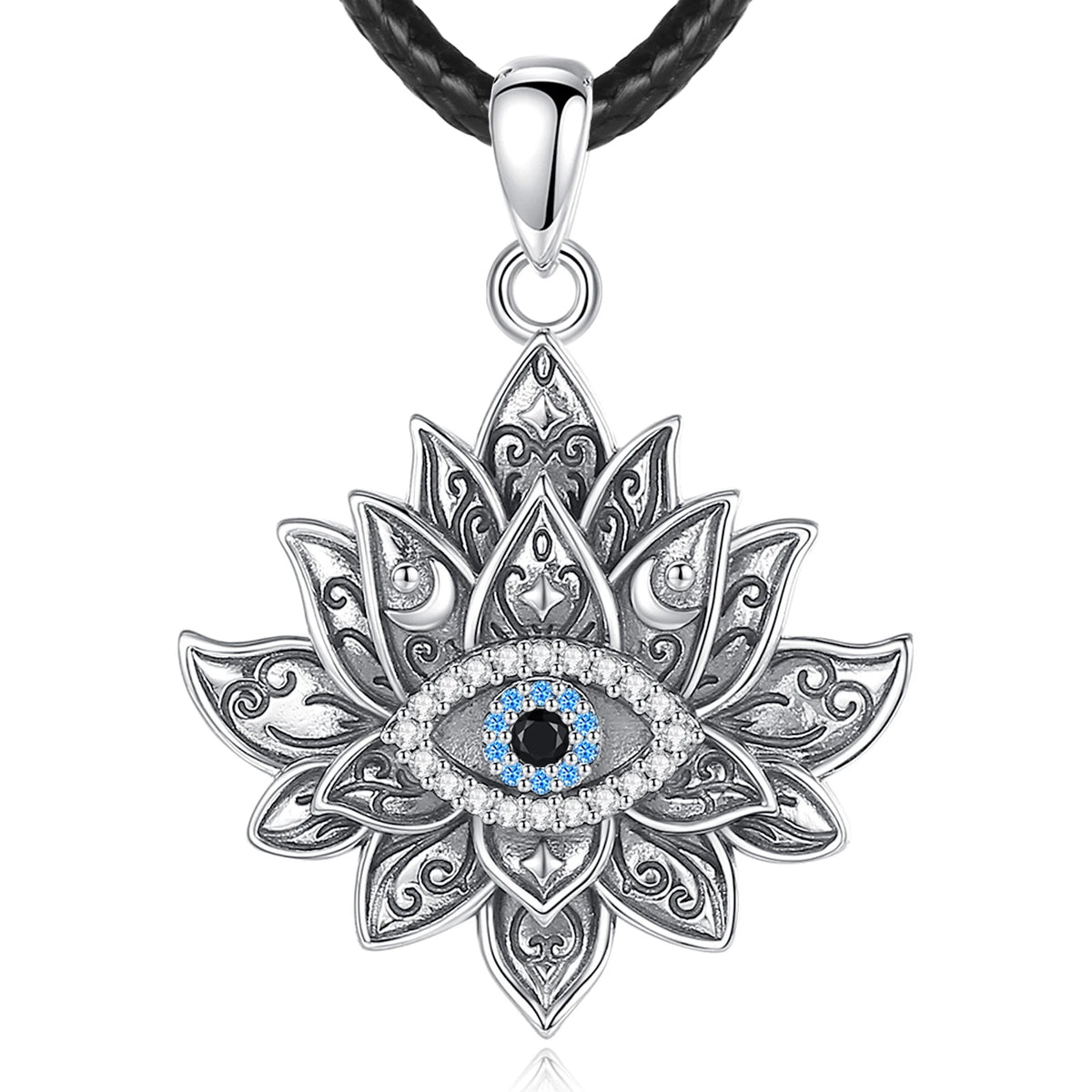 925 Sterling Silver Evil Eye & Lotus Pendant Necklace, Vintage Eudora Sacred Amulet