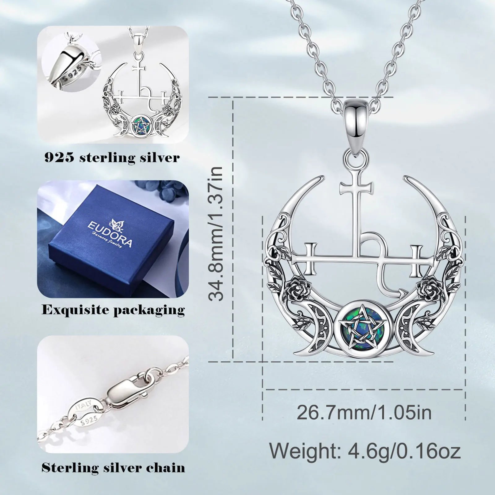 S925 Sterling Silver Lilith Moon & Opal Pendant Necklace, Triple Moon Goddess Amulet