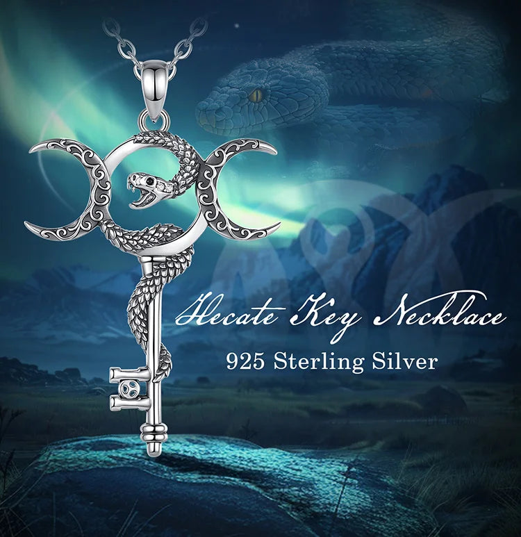 S925 Sterling Silver Hecate Triple Moon Goddess Pendant Necklace, Snake & Key Pagan Wicca Amulet