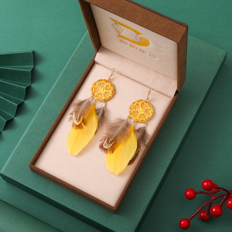 Vintage Long Water Drop Feather Earrings for Women Elegant Insert Rhinestone Crystal Bead Leaf Tassel Earring Female Jewelry