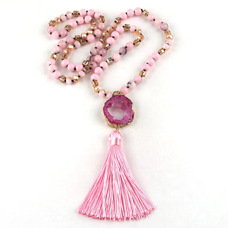 Knotted Druzy Stone Tassel Necklace Jewelry