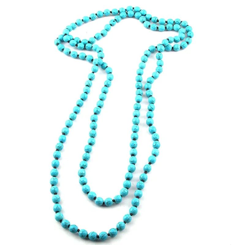 Blue Faceted Stone Knotted Long Necklace Jewelry