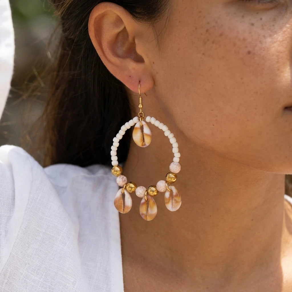 Woven Hoop Spotted Shell Drop Earrings Jewelry