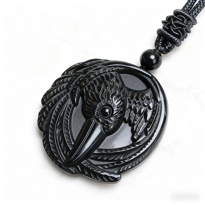 Real Obsidian Crow Pendant Necklace, Natural Gemstone Amulet Talisman
