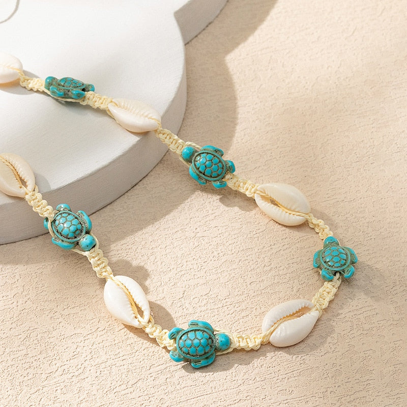 Boho Natural Shell Rope Chain Choker Necklaces for Women Kids Cartoon Starfish Turtle Choker Beach Jewelry Gift Summer Holiday