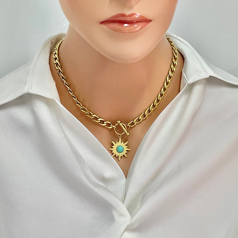 SINLEERY Stainless Steel Blue Stone Sunflower Pendant Necklace For Women Gold Color Chain Fashion Jewelry DL087 SSB
