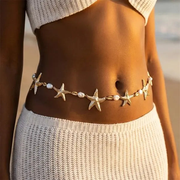 Metal Starfish, Shell and Pearl Boho Waist and Belly Chain