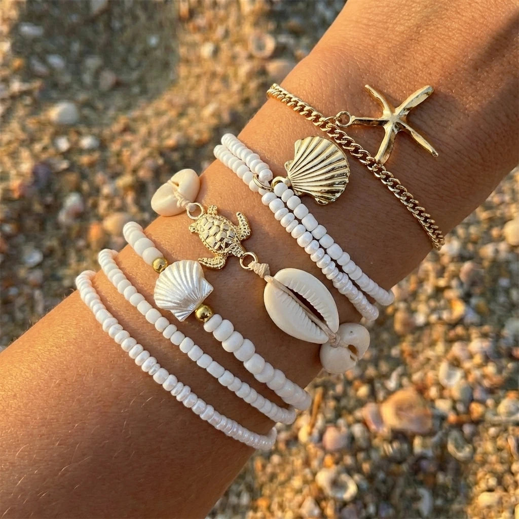 Shell and Starfish Pearl Beaded Stackable Bracelet Set (6 Pieces)