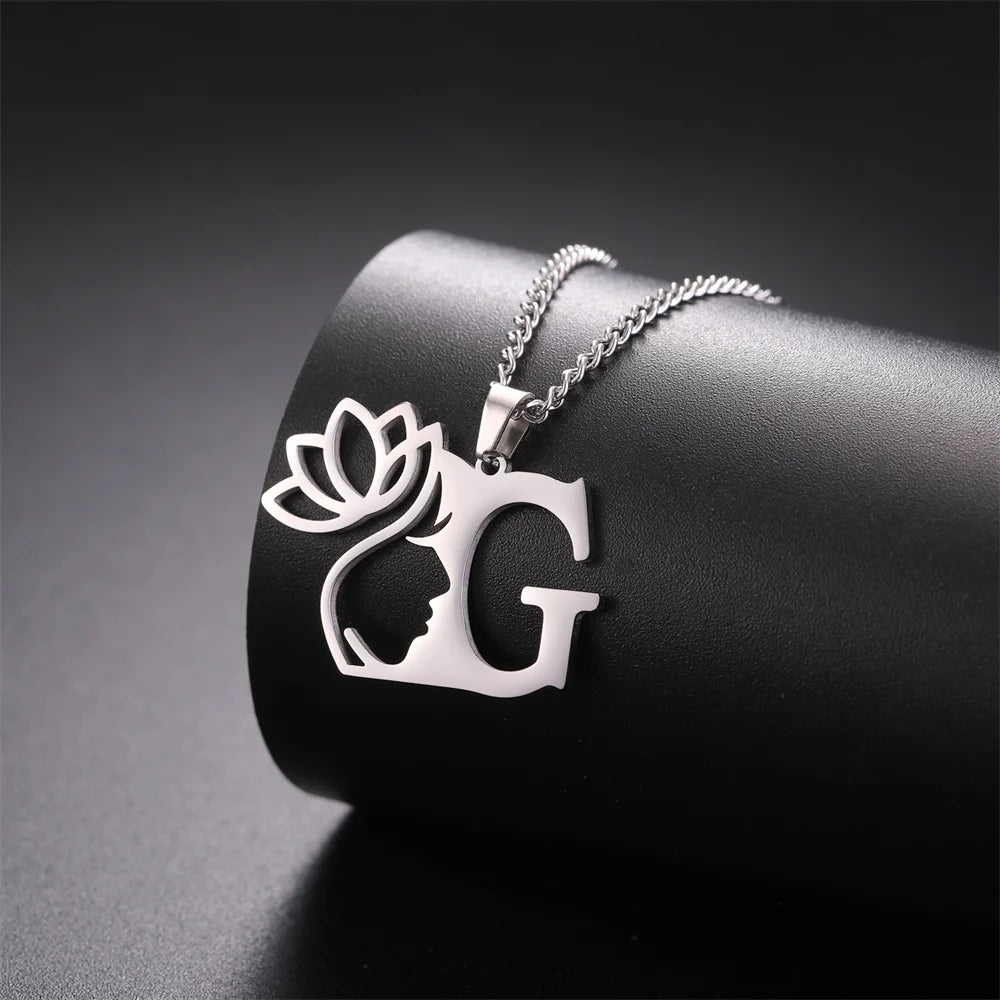 Lotus Flower Initial Letter Pendant, Personalized Stainless Steel Necklace