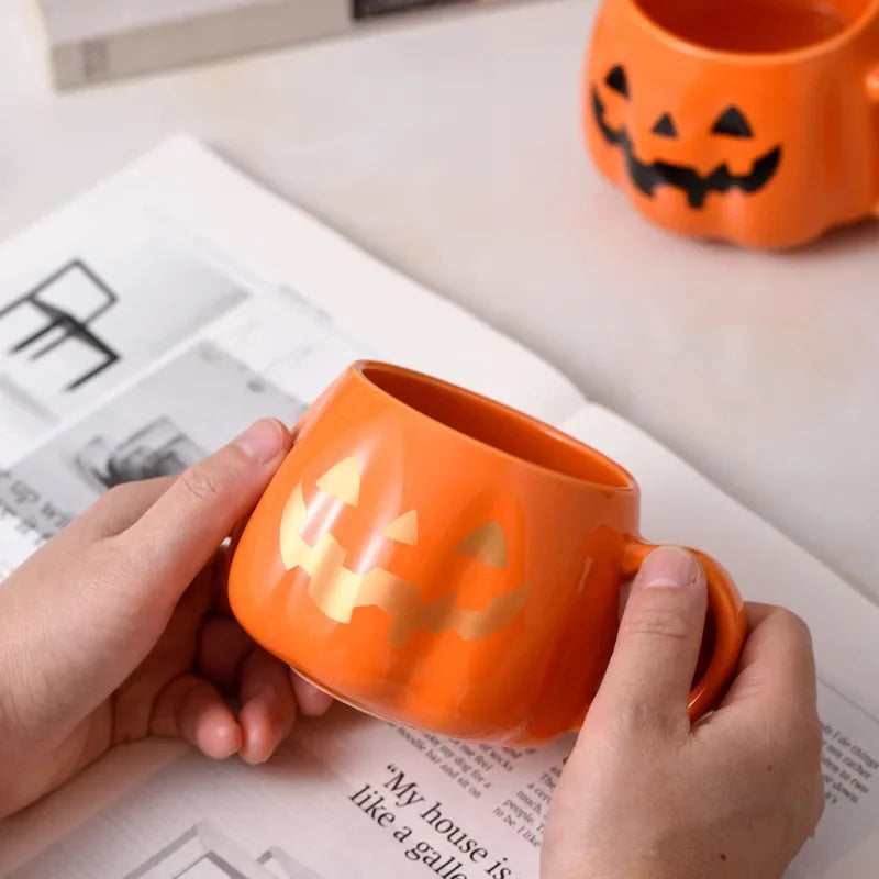 1pc 400ml Halloween Pumpkin Mug Decor Halloween Pattern Mug Ceramic Cute Pumpkin Coffee Cup Birthday Tabletop Drinkware Gifts - Charlie Dolly