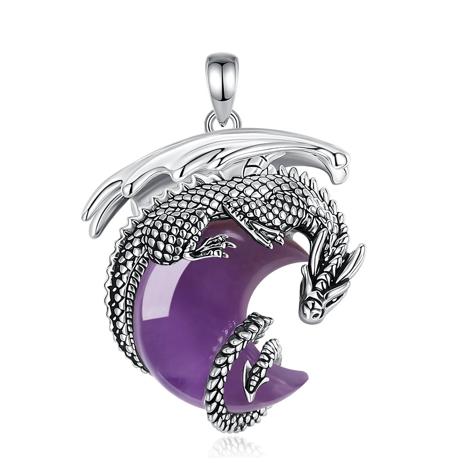 Natural Amethyst Dragon Crescent Moon Pendant Necklace, Healing Crystal Talisman