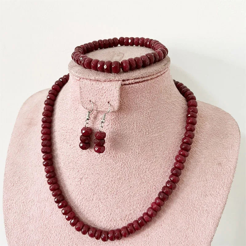 Faceted 5*8MM Deep Red Ruby Natural Stone Jewelry Sets Bead Necklace Earrings Bracelet Chain Choker Simple Design Party Boho - Charlie Dolly