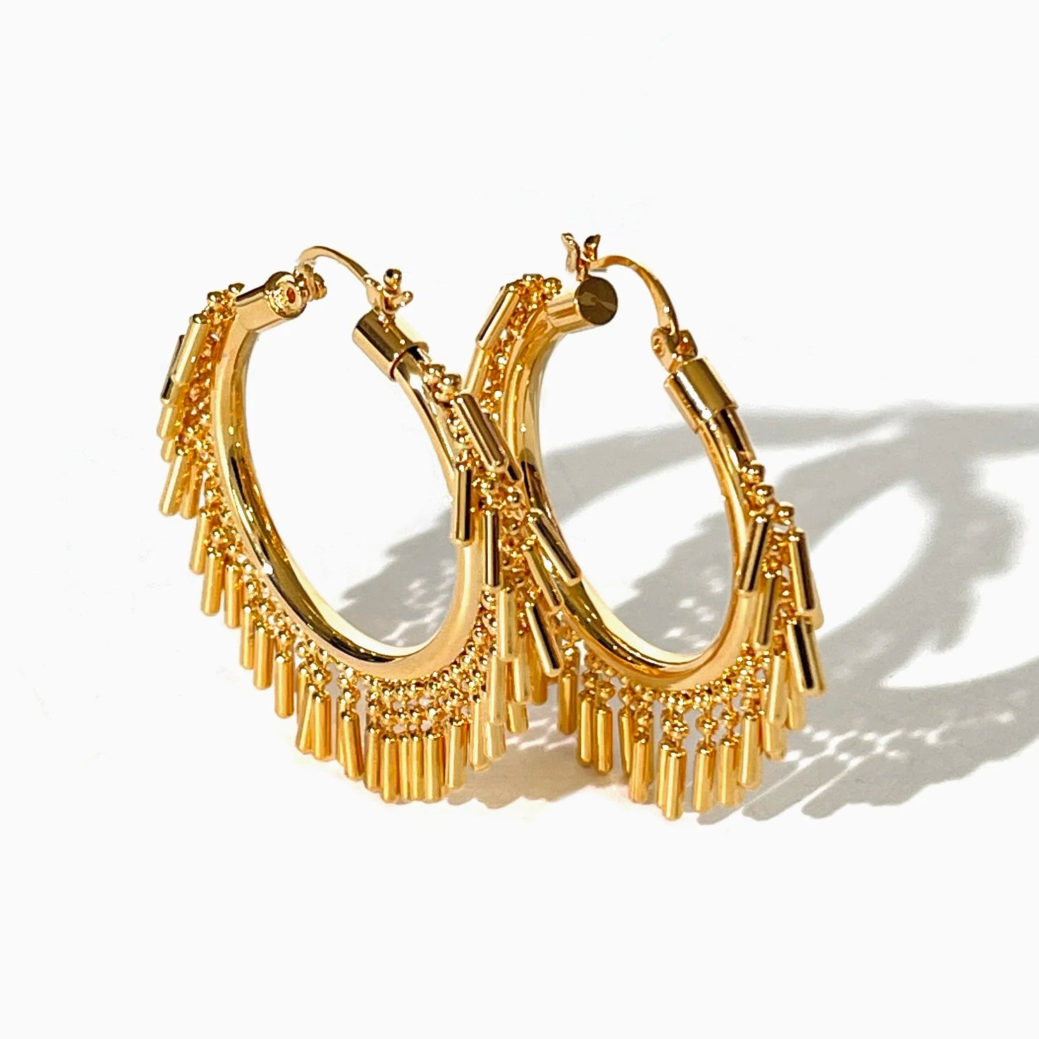 Gold Bead Bar Tassel Hoop Huggie Earrings Jewelry