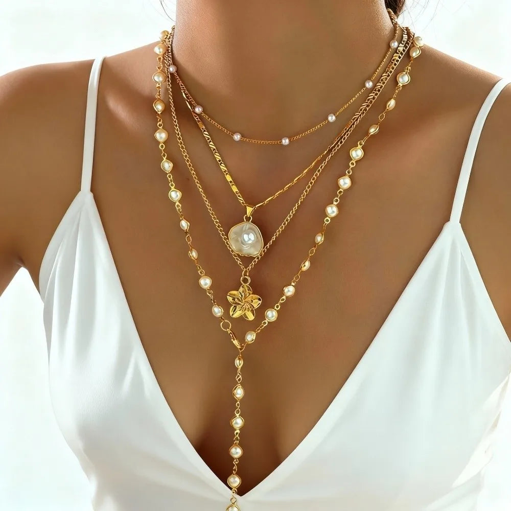 Pearl Flower Pendant Tassel Choker Necklace Jewelry