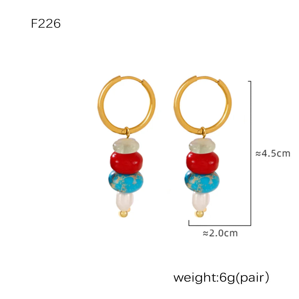 Multi-Color Natural Stone Dangle Earrings, Waterproof Stainless Steel Boho Jewelry