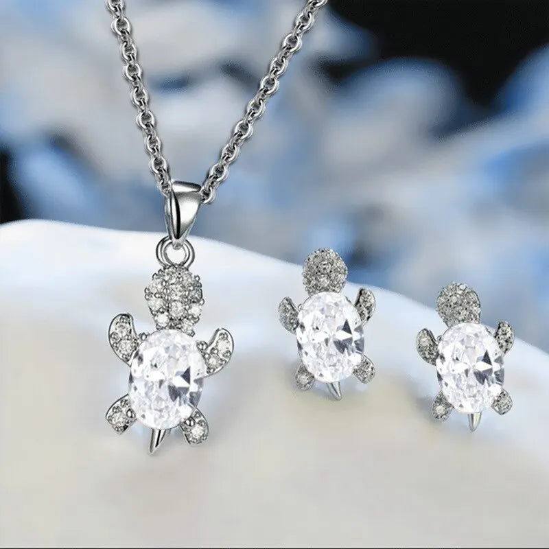 Sea Turtle Necklace & Earrings Set of 3, Silver-Plated Multi-Color Glass Ocean Jewelry