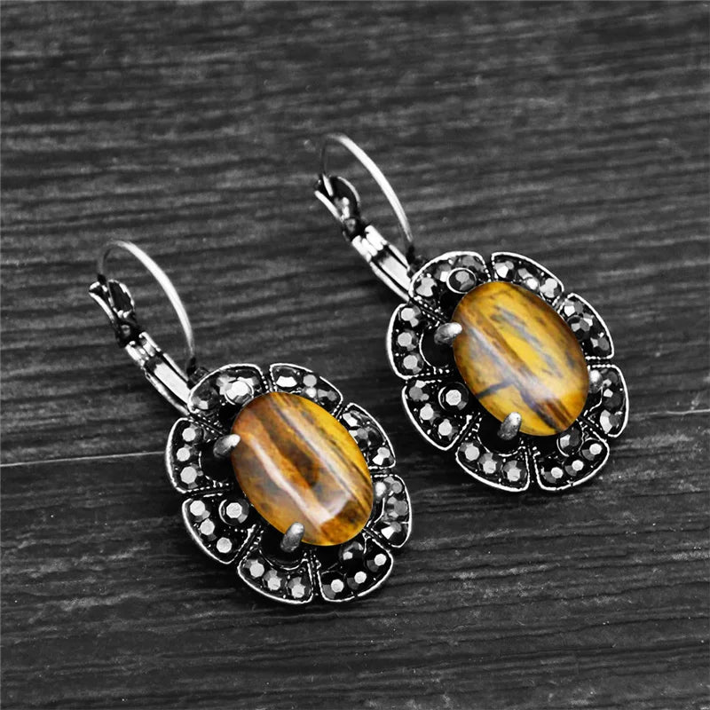 Vintage Plumflower Natural Lapis Lazuli Rhinestone Earrings For Women Tibetan Silver Plated Natural Stone Tiger Eye Earring - Charlie Dolly