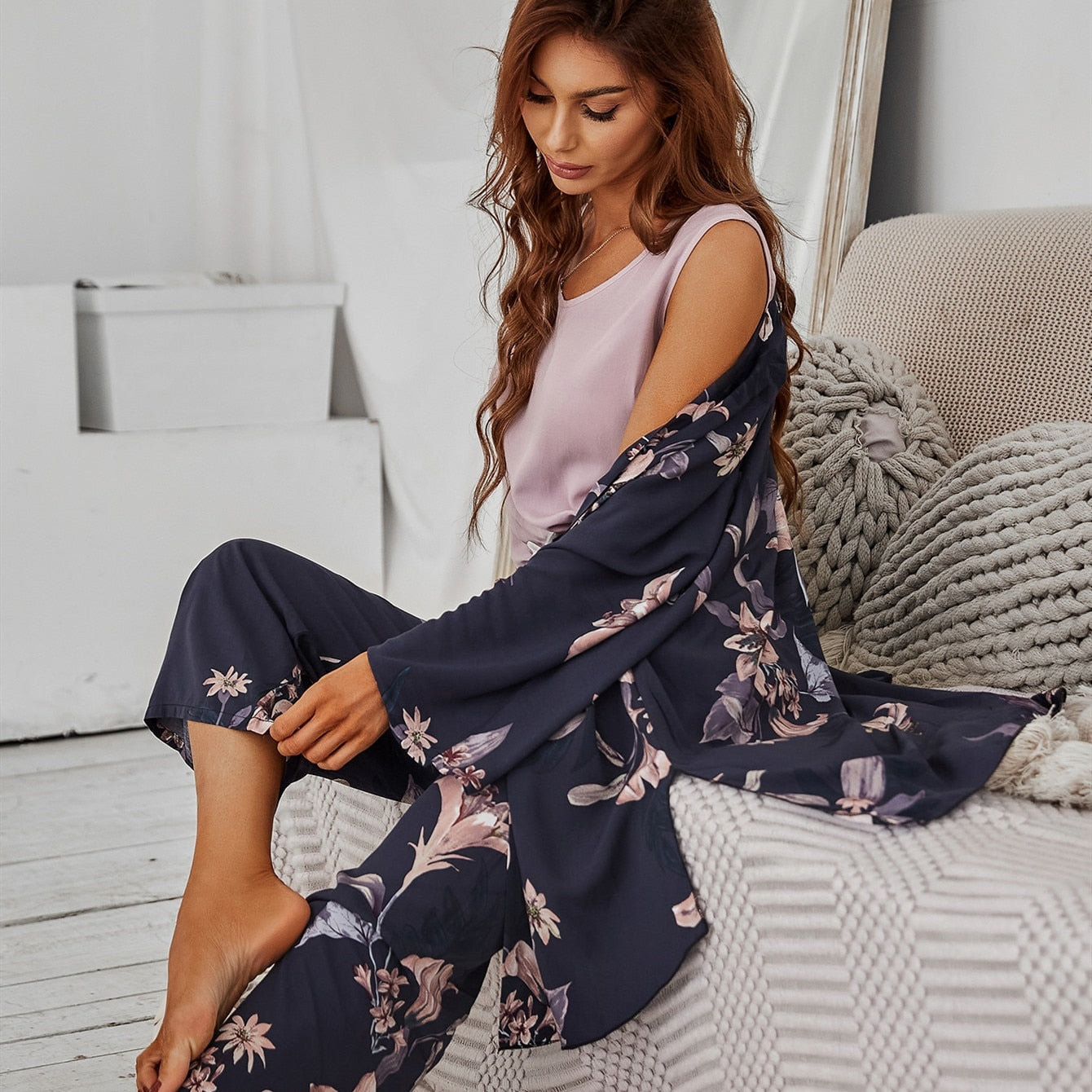 HOT SELLING 3Pcs Soft Pajama Set For SPRING & FALL Ladies Sleepwear Floral Printed Pink Leaves Cardigan+Camisole+Pants Homewear