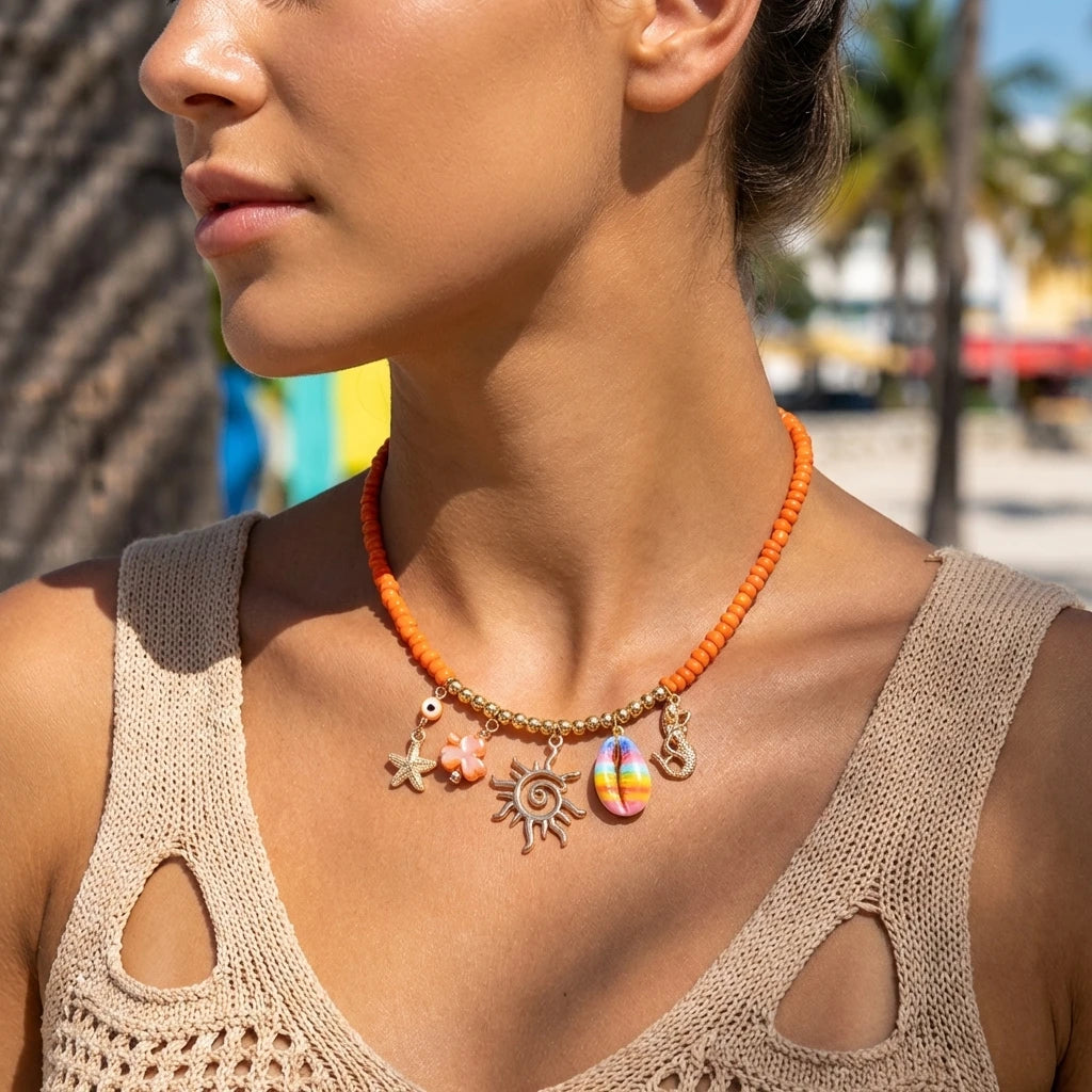 Coral, Starfish and Rice Bead Sun Boho Necklace, Earring or Ring