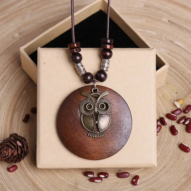Wood Owl Leaf Pendant Wax Rope Necklace Jewelry