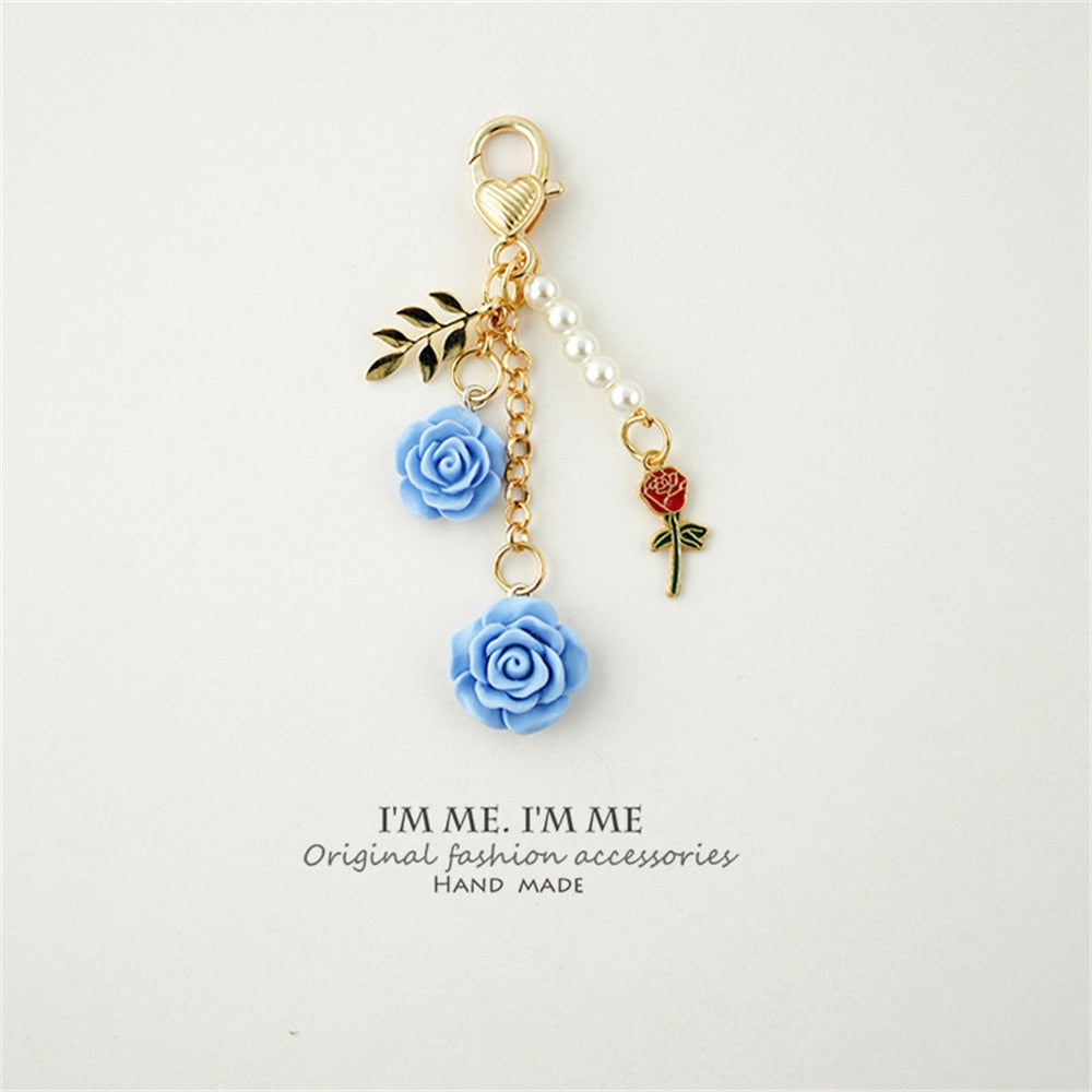 8colors 3D Rose Camellia Keychain Women Girls Sweet Pearl Tassel Flower Keyring With Metal Leaf For Earphone Case Bag Decoration
