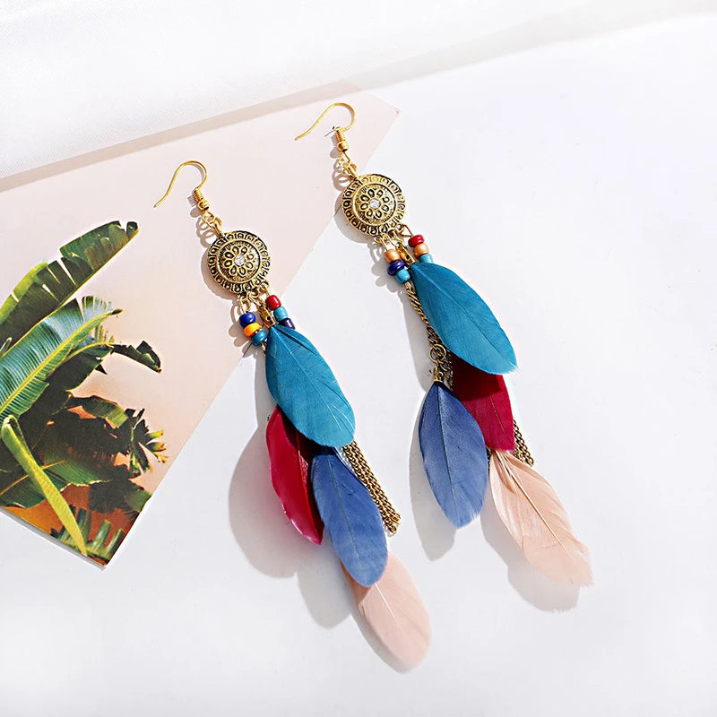 Feather Crystal Flower Bead Long Earrings Jewelry