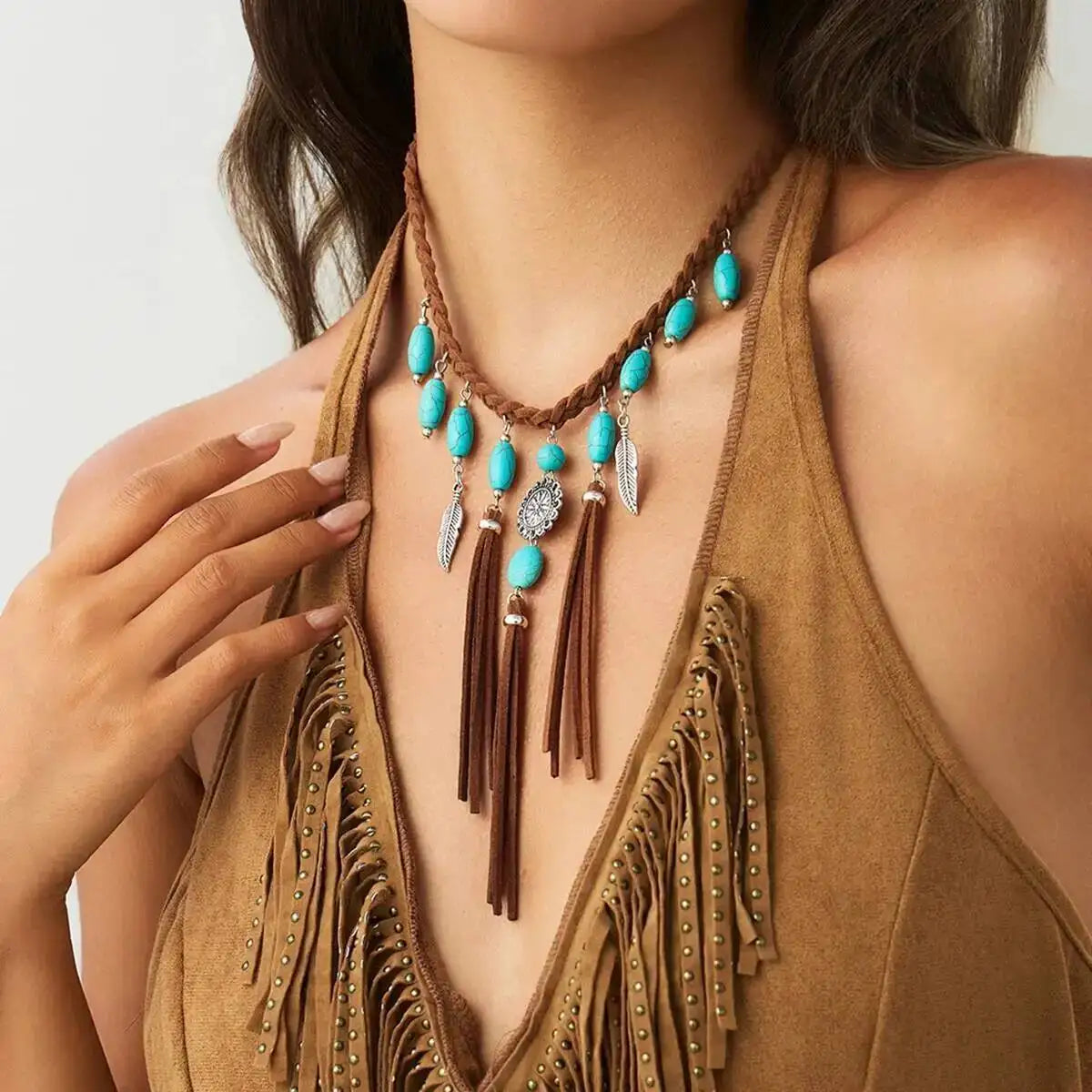 Feather Tassel Woven Rope Stone Choker Necklace Jewelry