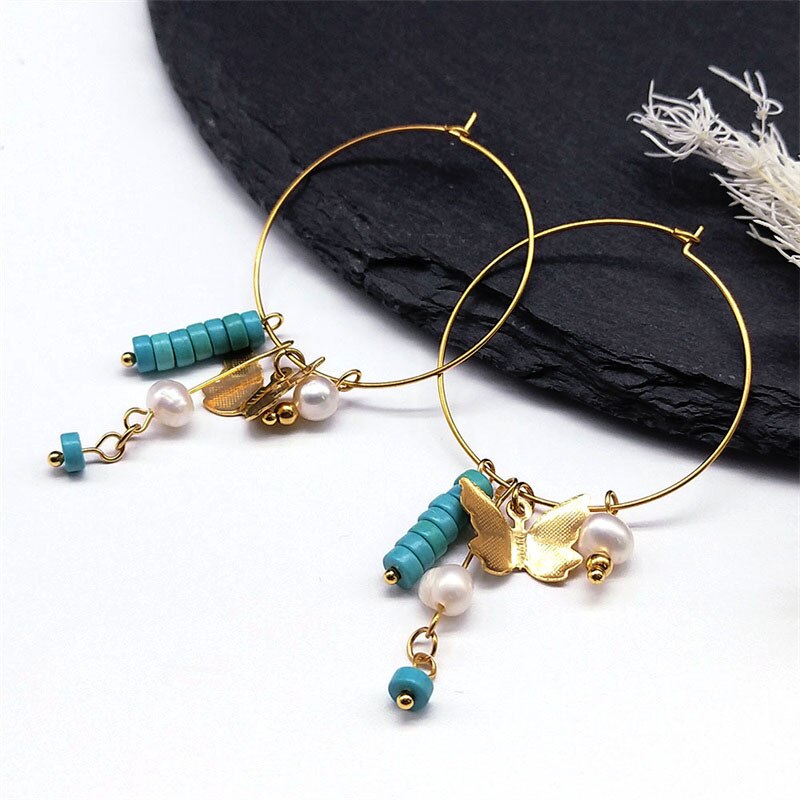 Boho Butterfly Pearl Tassel Hoop Earrings for Women Stainless Steel Blue Bead Dangle Earring Kpop Party Jewelry Gift