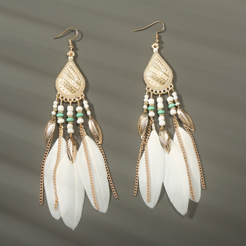 Boho Long Feather Dangle Women's Earrings Beach Long Tassel Beads Handmade Flower Enamel Earrings Bride Wedding Pendientes Mujer