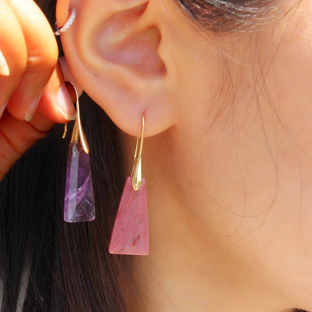 2pcs Natural stone earrings: amethyst, amazonite, flash stone, rhodochrosite, lapis lazuli trapezoidal faceted earrings - Charlie Dolly