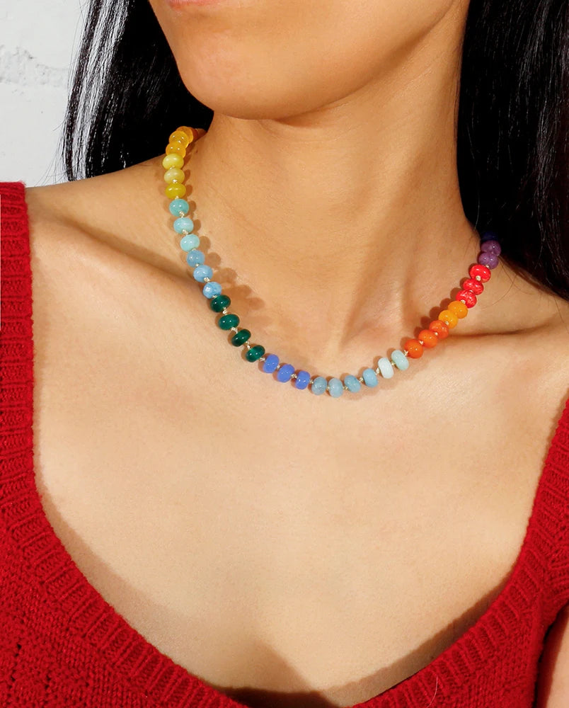 Badu Rainbow Gemstone Beaded Necklace Colorful Natural Stone Choker Necklace Summer Beach Vacation Women's Fashion Boho Jewelry - Charlie Dolly