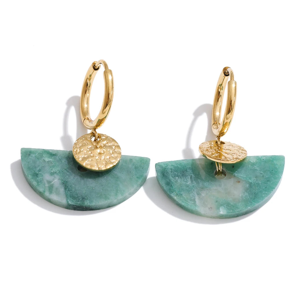Natural Stone Fan Drop Hoop Earrings, Tiger Eye Agate French Stainless Steel Jewelry