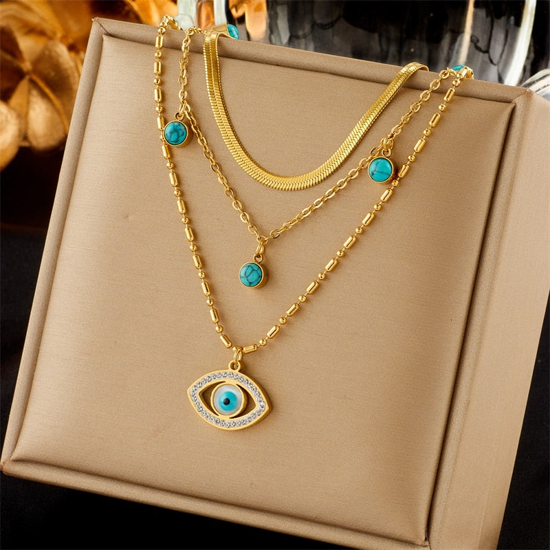 DIEYURO 316L Stainless Steel Butterfly Moon Lock Blue Eyes Pendant Necklace For Women Multilayer Choker Chain Jewelry Gifts - Charlie Dolly