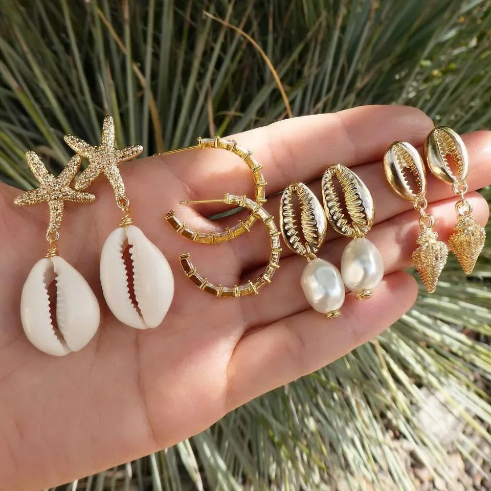 Shell, Starfish and Pearl Bohemian Earring Set (4 Pairs)