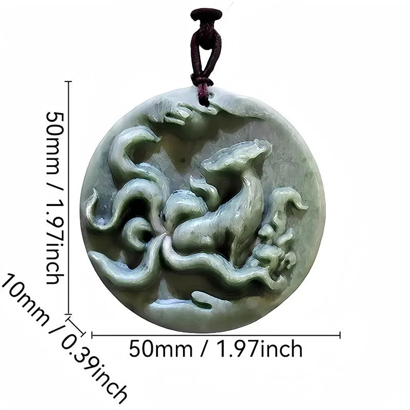 Dark Green Jade Dragon Fox & Owl Pendant Necklace, Carved Amulet Zodiac Talisman