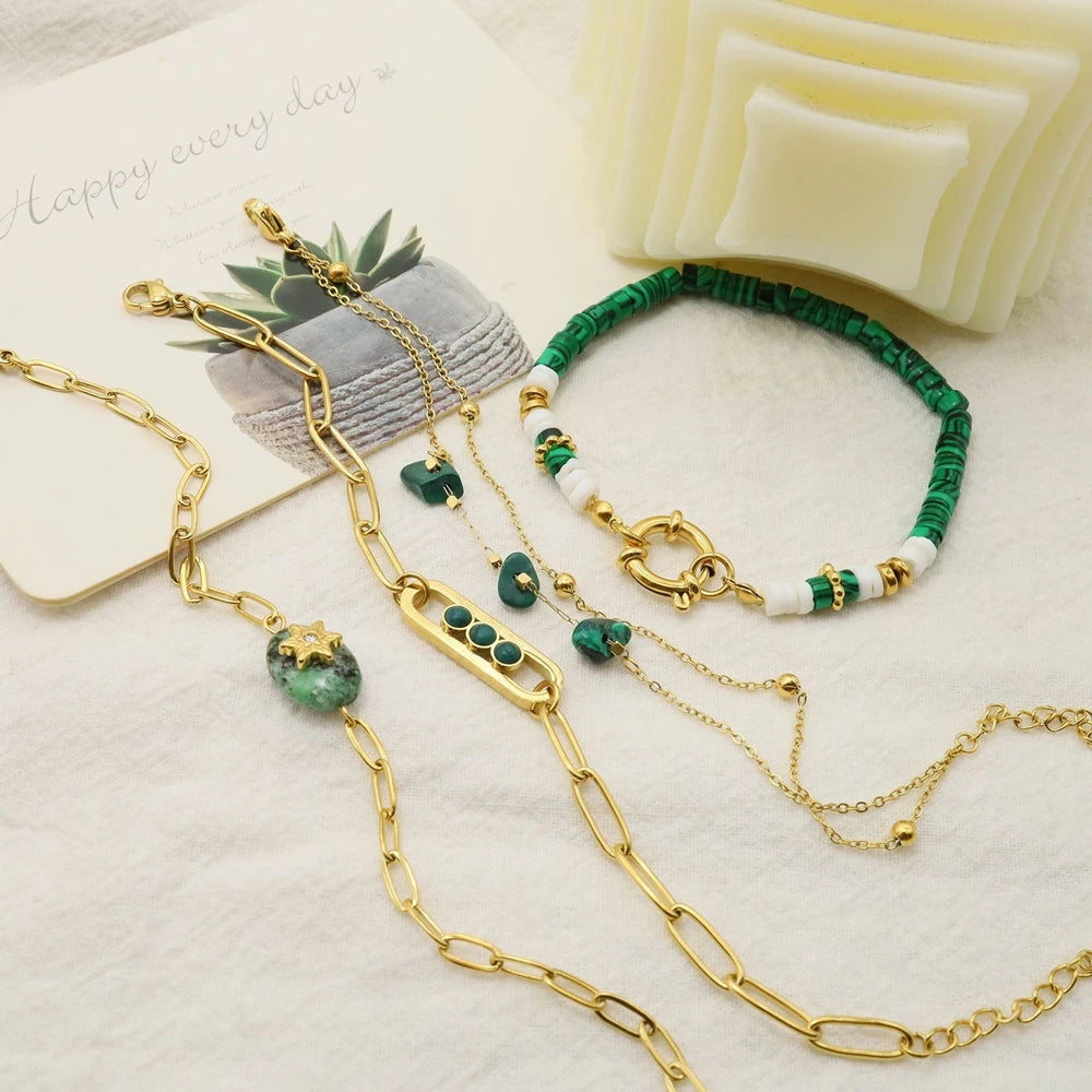 WILD & FREE Boho Vintage Green Natural Stone Bracelets for Women Stainless Steel Trendy Charms Aesthetic Jewelry Set - Charlie Dolly