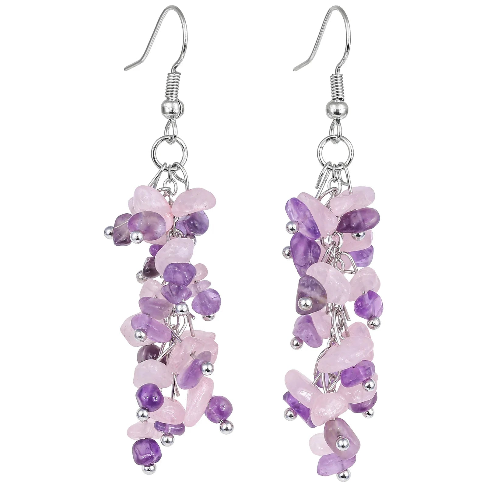 Crushed Crystal Grape Cluster Tassel Earrings, Natural Stone Boho Wedding Jewelry
