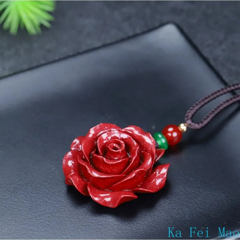 Cinnabar Jade Rose Flower Pendant, Chinese Healing Luck Amulet