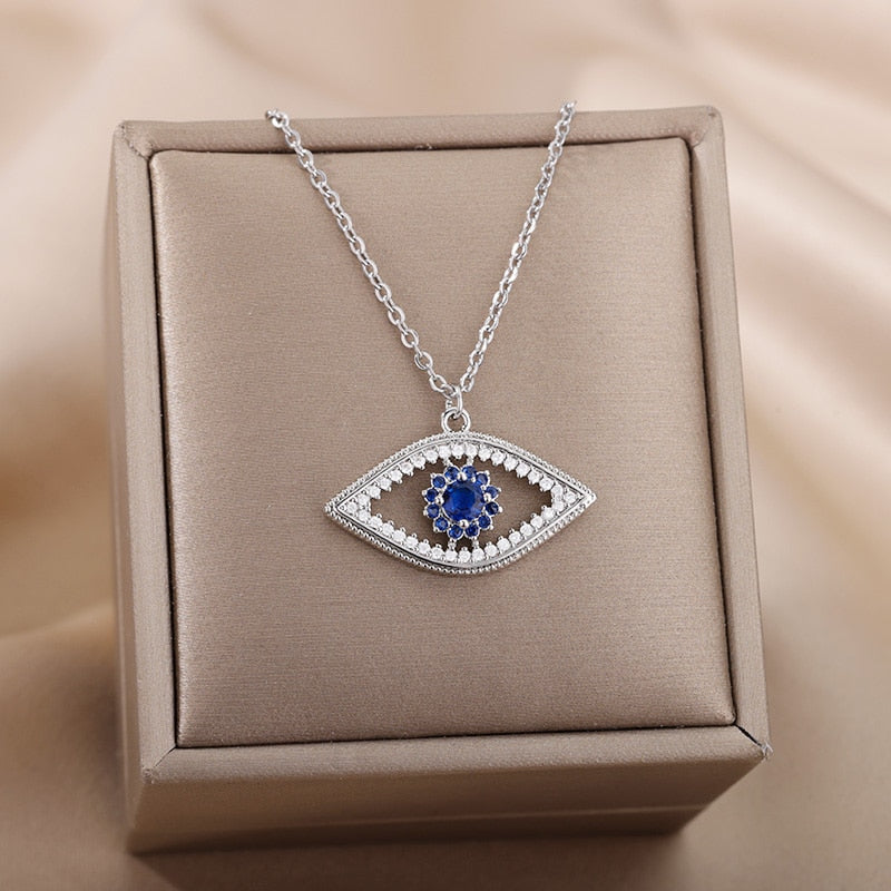 Zircon Evil Eye Pendant Necklace For Women Stainless Steel Vintage Turkish Eye Fatima Hand Choker Collar New In Goth emo Jewelry - Charlie Dolly