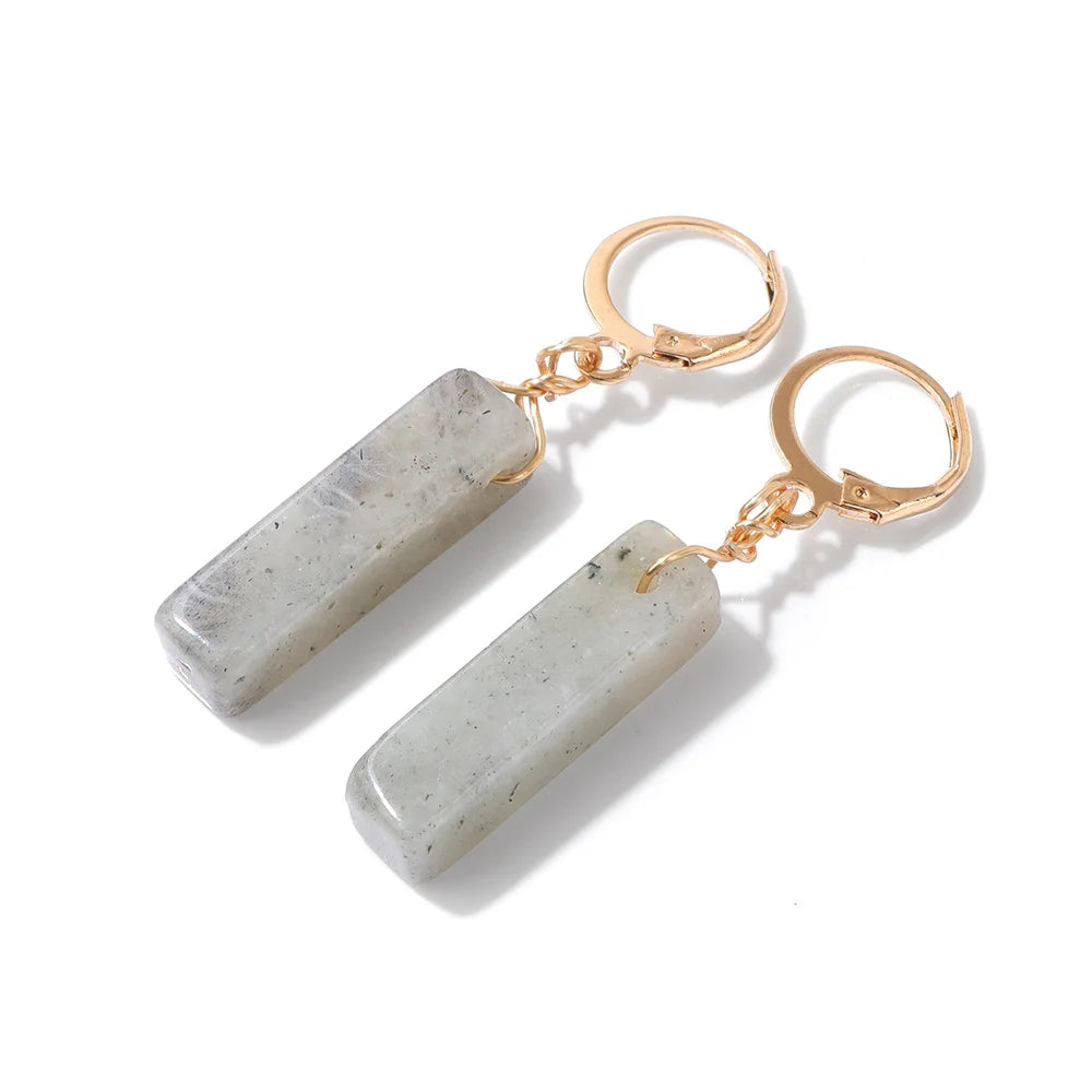 Rectangle Gemstone Drop Hoop Earrings, Natural Healing Crystal Boho Jewelry