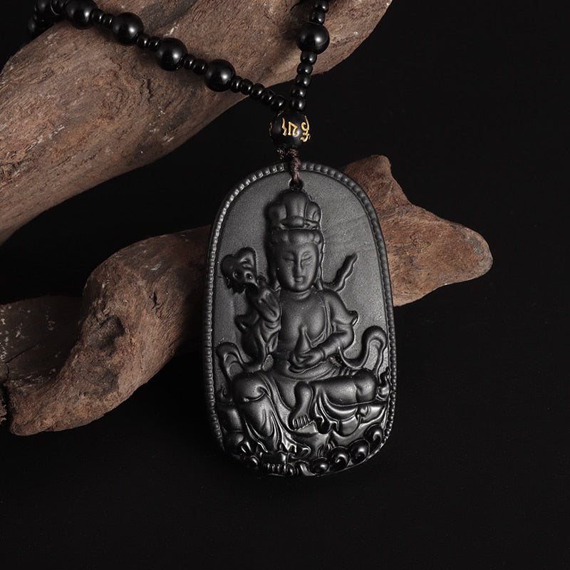 Fashion Frosted Obsidian Sakyamuni Buddha Head Charm Men and Women Amulet Necklace Buddhist Religious Jewelry