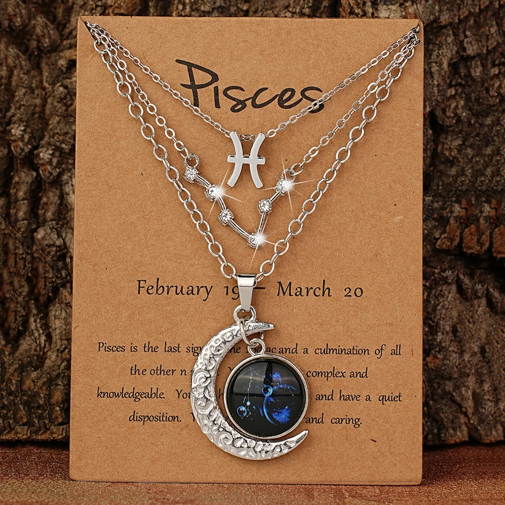 Zodiac Moon Glow Pendant Necklace Set of 3 with Birthstone Cards, Bestie & BFF Gift
