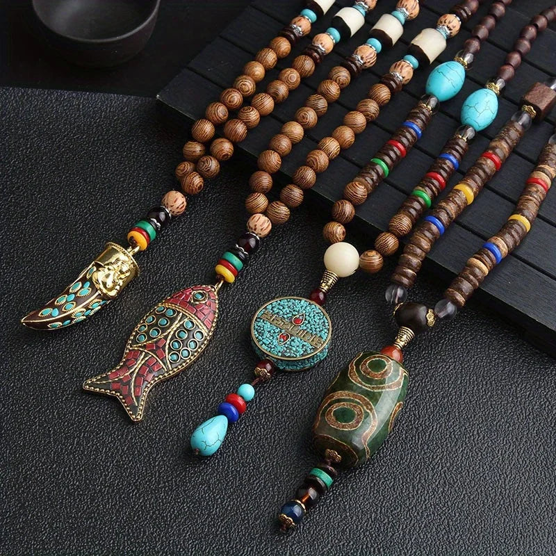 Nepal Wood Bead Fish Horn Pendant Necklace Jewelry