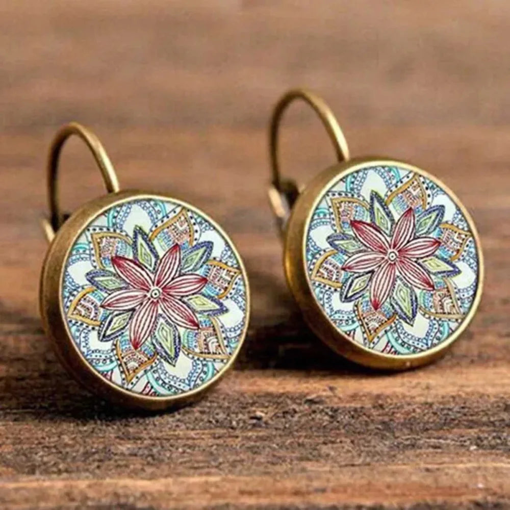 Vintage Flower Pattern Round Drop Earrings, Bohemian Boho Jewelry